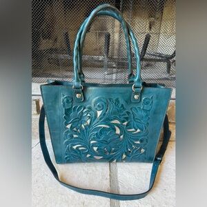 Patricia Nash Zancona Tote Blue Coral Cutout Tooled Leather